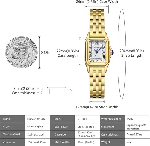Vista 5 de Relojes pequeños de oro para mujer con funda rectangular vintage, esfera romana clásica, banda de acero inoxidable resistente al agua con cadena