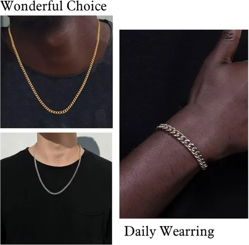 Vista 7 de 18K Real Gold Plated Silver Black Chain Necklace and Bracelets for Men Gifts, Necklace and Bracelet Set for Men Bracelets for Men Cuban Chain for