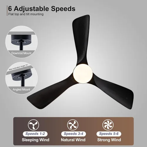 Vista 5 de Ventilador de techo de 42 pulgadas con luz, 3 aspas de madera maciza, control remoto, motor de CC silencioso reversible de 6 velocidades, ventilador