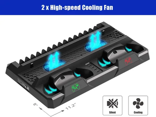 Vista 3 de ElecGear PS4 soporte vertical y estación de carga con ventilador de refrigeración base de carga para Playstation 4 para controlador DualShock 4 kit