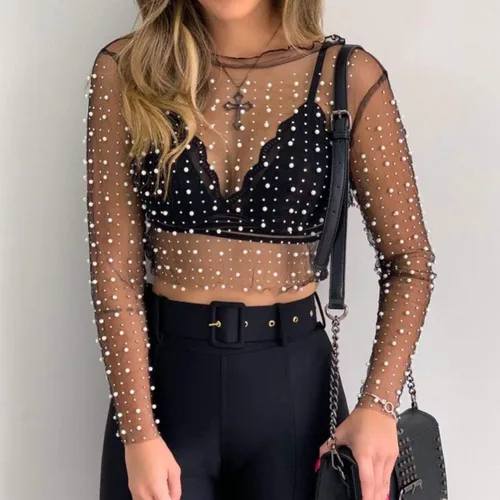 Vista 3 de Blusa de malla de manga larga transparente con diamantes de imitación y cuentas para mujer