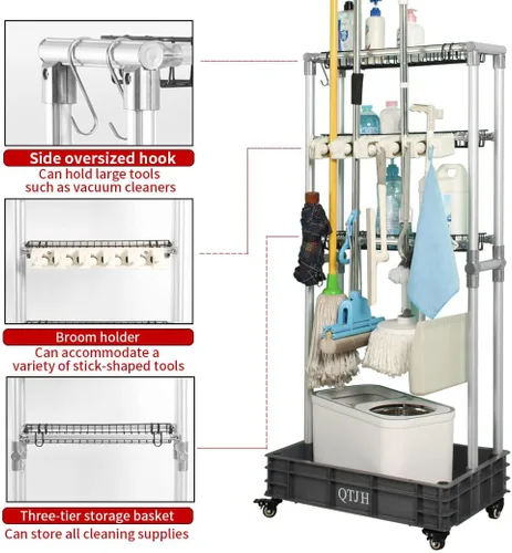 Vista 4 de Estante de almacenamiento Soporte para fregona escoba Sostenga sus suministros de limpieza Carrito de limpieza Organizador de acero Estante