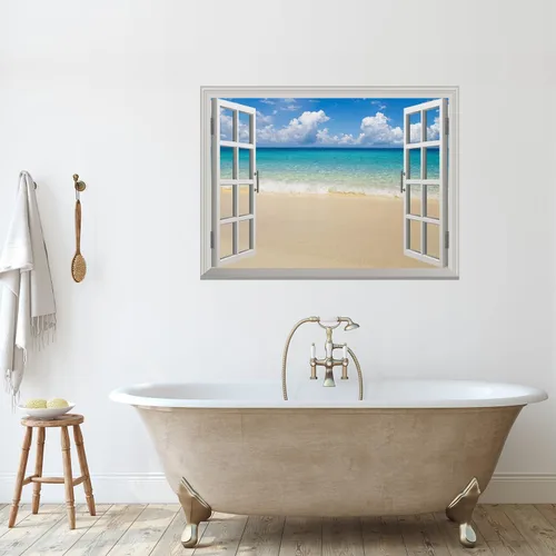 Vista 9 de wall26 Adhesivo decorativo para pared, loros verdes sentados en la rama afuera, ventana abierta, no se pega ni se pega, papel tapiz no tejido