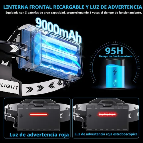 Vista 3 de Sinvimes Linterna frontal recargable LED de 4000 lúmenes altos, lámpara de cabeza de batería de larga duración de 95 horas con 5 modos e