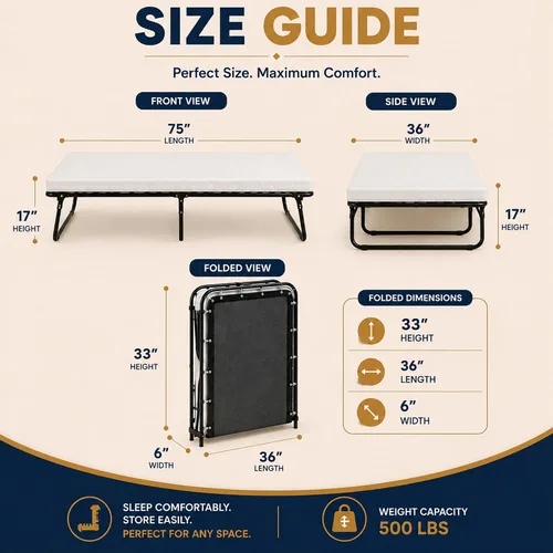 Vista 2 de Greaton, 14″ High Folding Guest Bed with 3″ Memory Foam Mattress – Sturdy Metal Frame, Easy Access for Seniors, Underbed Storage, Comfortable Bed