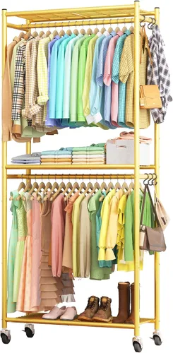 Vista 9 de Sakugi Perchero para ropa – Perchero doble para colgar ropa con ruedas y pies niveladores, armario de gran capacidad con estantes para dormitorio