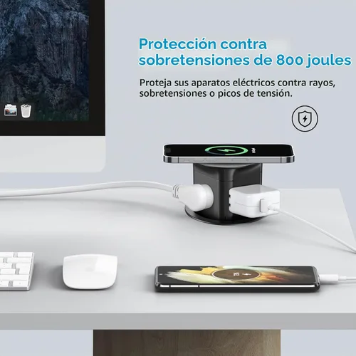 Vista 4 de Jgstkcity Toma de corriente desplegable con cargador inalámbrico de 15 W, 4 salidas de 15 A, resistente a salpicaduras, ojal de alimentación de Negro