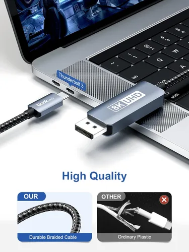 Vista 3 de dockteck Cable USB C a DisplayPort de 6 pies/6.6 ft, 8K tipo C a DP 1.4, Thunderbolt 3 a cable Displayport de 32.4 Gbps UHD 8K @30Hz/4K a 144Hz/2K a