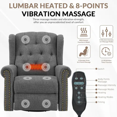 Vista 5 de Silla reclinable mecedora giratoria eléctrica con masaje y calor, mecedora eléctrica para cuarto de bebé, para sala de estar, silla reclinable Gris