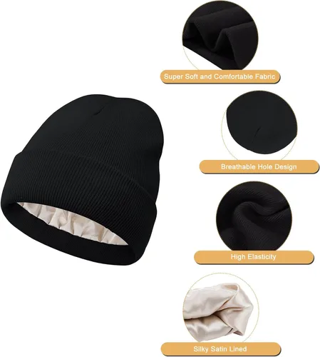 Vista 4 de Komorebi Gorro holgado con forro de satén para mujer, gorro de punto de invierno cálido con puños