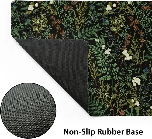 Vista 3 de Alfombrilla de mouse negra estética vintage para juegos botánicos, extendida, bonita planta verde bosque, naturaleza, floral, grande