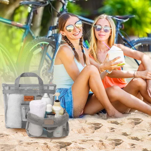 Vista 7 de Hommtina 2 bolsas de malla de ducha de secado rápido para colgar artículos de tocador y baño organizador para viajes y natación con cremallera