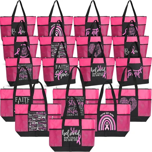 Vista 8 de Bolsas de regalo para concientización sobre el cáncer de mama, bolsas de señal de cinta rosa para mujer, bolsillo de malla, apoyo para concientizar