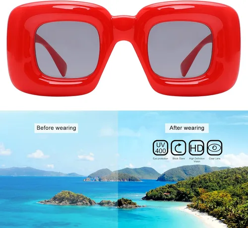 Vista 5 de Akirawang Lentes de sol inflados cuadrados de moda para mujeres y hombres, de gran tamaño, marco grueso, gafas de moda, sombras, estilo de diseñador