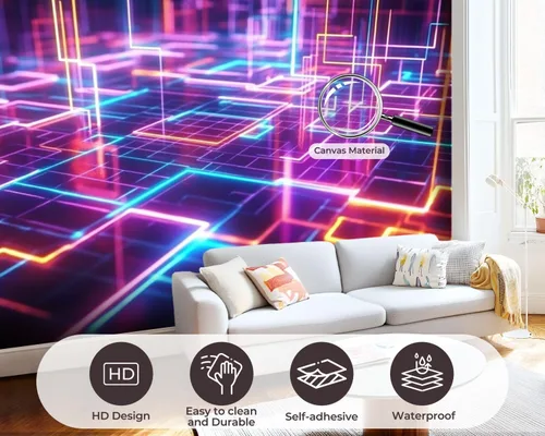 Vista 6 de Murales de pared de lienzo geométricos autoadhesivos de los años 80 de neón retro Synthwave 3D, líneas brillantes, papel tapiz de pared