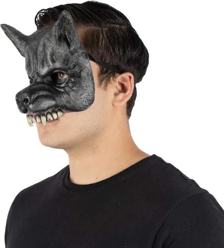 Vista 5 de Ghoulish Productions Máscara de media máscara de lobo negro. Máscara de látex de lobo furioso. Máscara de látex de talla única para adultos. Línea