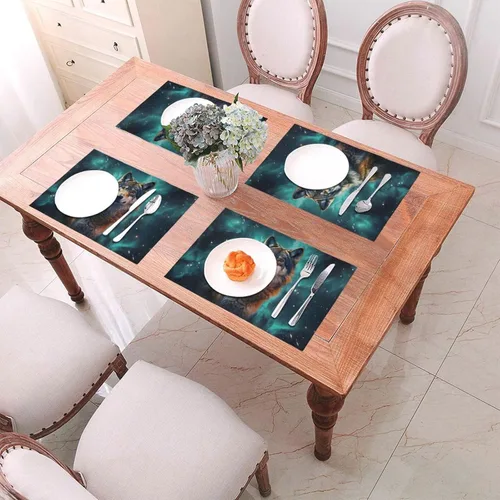 Vista 4 de 6 PCS PVC Placemats Set Place Mats A Wolf Stands in Front of The Starry Sky Non-Slip Weave Place Mats 12" x 18" Farmhouse Table Mat Set for Family