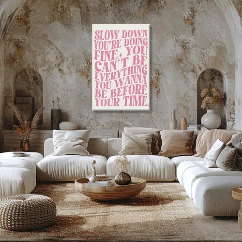 Vista 5 de Lienzo rosa para pared, arte de pared Slow Down Youre Doing, arte de pared fino, recordatorio diario, afirmaciones positivas, estimulante, frase
