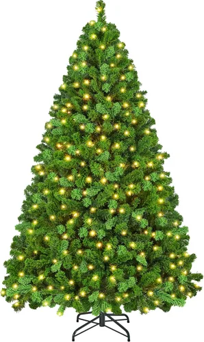 Vista 10 de Yaheetech - Árbol artificial de Navidad preiluminado de 9 pies con luces incandescentes de color blanco cálido, árbol de Navidad con flecos de Verde
