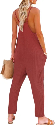 Vista 4 de Overol de moda para mujer, casual, sin mangas, cuello en V, tirantes delgados, pantalones largos, overoles holgados con bolsillos
