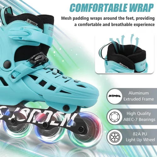 Vista 2 de Patines en línea para niños, niñas y niños, 4 tamaños ajustables con ruedas de luz completa para mujeres y hombres, carcasa exterior duradera