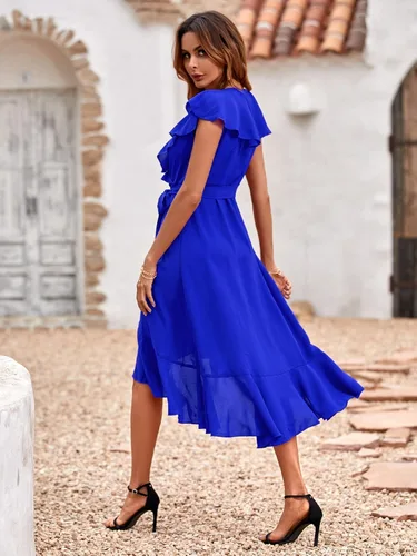 Vista 2 de MakeMeChic Vestido midi de manga corta con cuello en V profundo y volantes para mujer