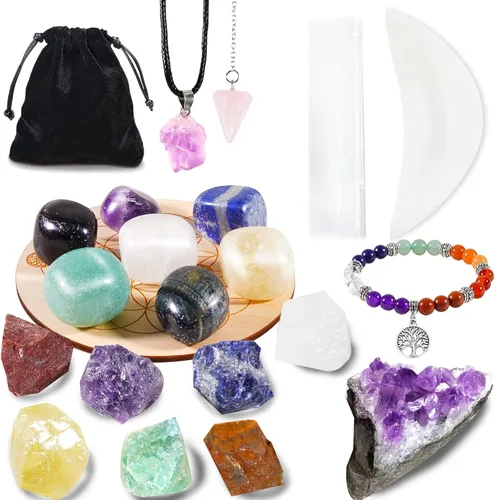 Vista 14 de Juego de 14 piedras de cristal curativo para chakras, con caja de madera de regalo para principiantes, meditación, reiki, yoga, colección