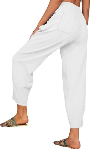 Vista 2 de FEDULKSTORE Pantalones de pierna ancha de algodón y lino para mujer, pantalones palazzo casuales de verano de cintura alta, pantalones holgados
