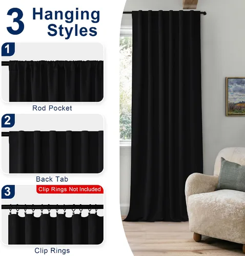 Vista 4 de Hiasan Cortinas opacas negras para dormitorio, cortinas opacas cortas de 45 pulgadas de largo, con aislamiento térmico, bolsillo para barra
