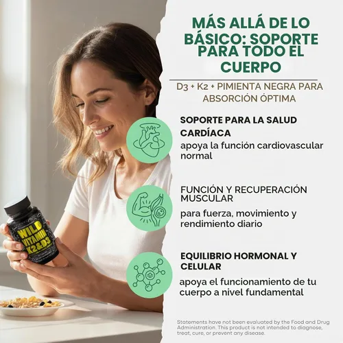 Vista 3 de Wild Foods Vitamina D3 + K2 5000iu (100mcg MK7), salud ósea y cardíaca