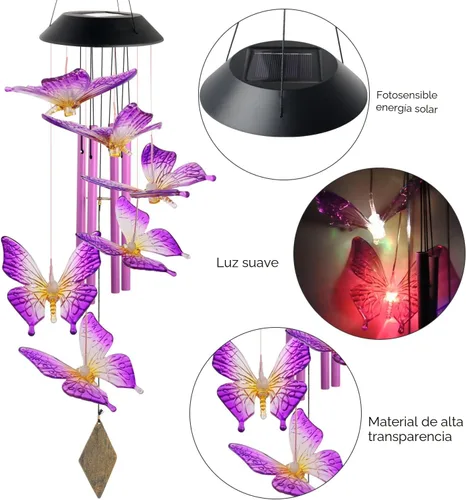 Vista 6 de Campanillas de viento solares de mariposas, nuevo regalo para todas las mamás/papás/mujeres/abuelas/hijas/tías/amigas/esposas y hermanas. Decoración