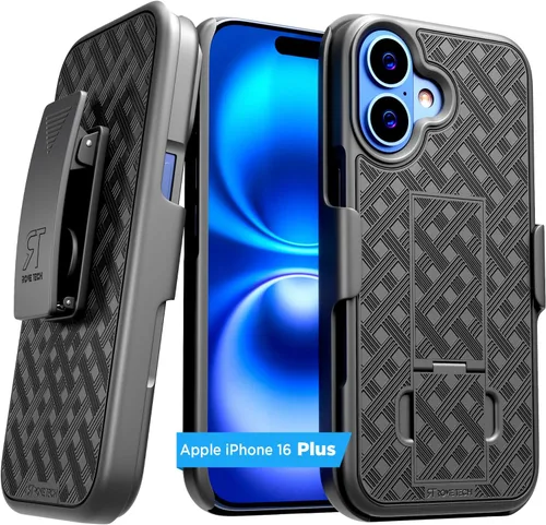 Vista 11 de Funda diseñada para iPhone 15 con funda de clip para cinturón, funda con función atril, color negro