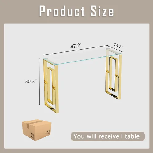 Vista 2 de Mesa consola de cristal, moderna mesa de entrada de 47.2 pulgadas, parte superior de vidrio con base de acero inoxidable, mesa de sofá estrecha