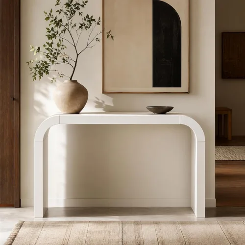 Vista 25 de 50" Modern Art Sculptural Console Table, Oval Cutout Legs, Wood Veneer, Thick Rounded Tabletop, Contemporary Entryway Sofa Table for Living Room