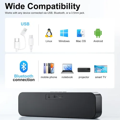 Vista 4 de Altavoces de computadora para PC de escritorio, altavoz Bluetooth recargable, barra de sonido de computadora pequeña con estéreo y graves, entrada