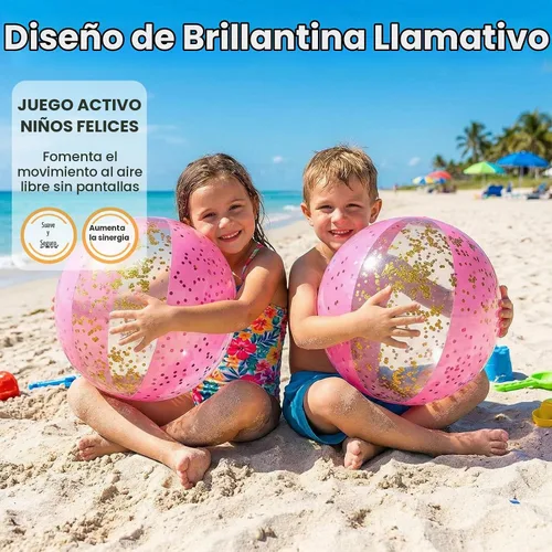 Vista 3 de POPLAY - Pelota de playa con purpurina de 16 pulgadas, 3 piezas, rosa