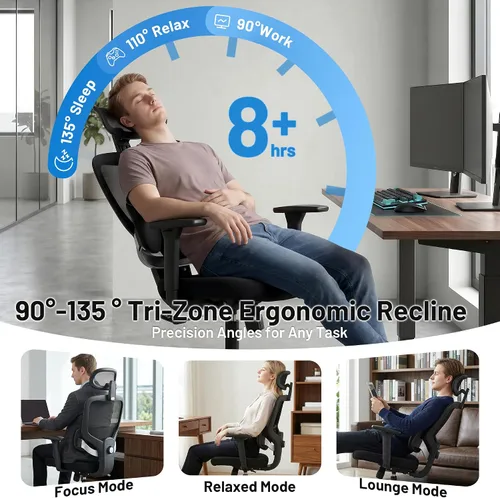 Vista 4 de Silla ergonómica de escritorio de oficina, silla de computadora de malla transpirable con respaldo alto, soporte lumbar 3D, reposacabezas 2D