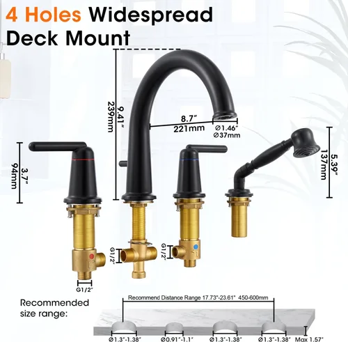 Vista 7 de WT-9808BK WT-9808BK - Kit de ajuste para grifo de bañera con ducha de mano y válvula de montaje en cubierta de 4 agujeros de alto flujo clásico