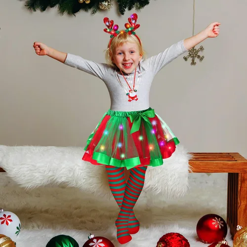 Vista 6 de Conjunto de 4 piezas de disfraz de Navidad para niñas, falda tutú iluminada, medias a rayas, diademas de reno LED, collar para espectáculos