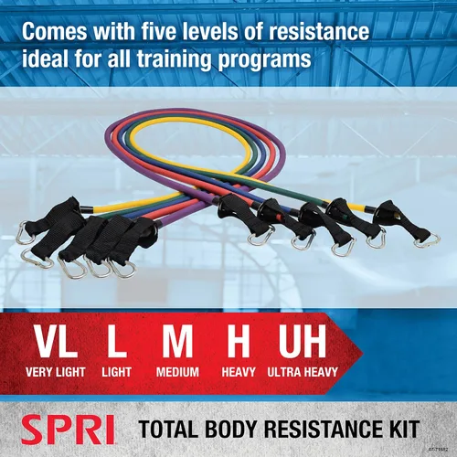 Vista 4 de SPRI Resistance Band Kit - Resistance Training Interchangeable Tubes for Full Body Toning - Includes 5 Exercise Bands, Ankle/Wrist Strap with Padded