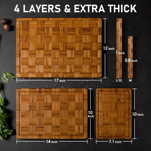 Vista 2 de Juego de 3 tablas de cortar de bambú extra grandes (juego de 3) tablas de cortar con ranura para jugo, juego de tablas de cortar de madera de bambú