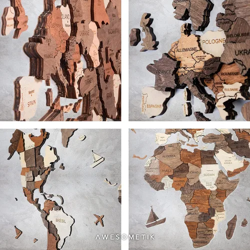 Vista 5 de AWESOMETIK Mapa del mundo de madera 3D multicolor 3D, mapa de madera del mundo, fácil instalación con cinta de doble cara, incluye complementos