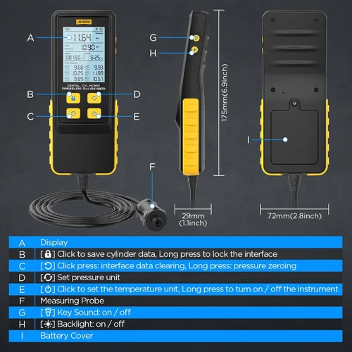 Vista 9 de AUTOOL Juego de medidor de compresión digital automotriz, 0-426PSI 0~29bar para kit de herramienta de prueba de compresión de cilindro de motor