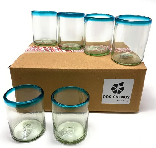 Vista 7 de Dos Sueños Vasos mexicanos soplados a mano, juego de 6 vasos con bordes azul aguamarina (10 onzas cada uno)