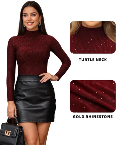 Vista 159 de MANGOPOP - Enterizo para mujer, manga larga, cuello de tortuga, cuello alto falso, estilo top