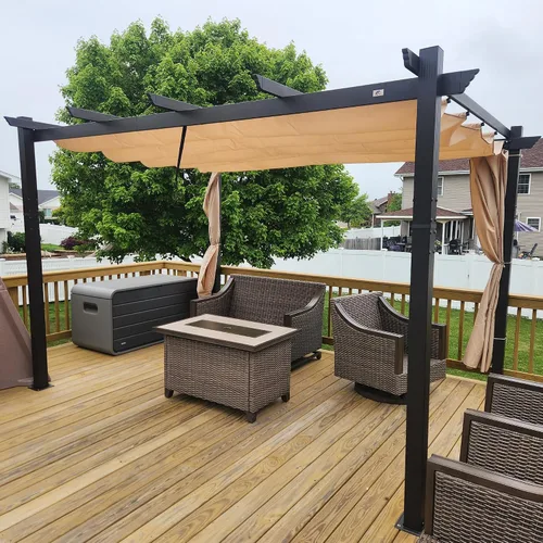Vista 27 de PURPLE LEAF Pérgola de 10 x 12 pies con toldo retráctil, pérgola cuadrada de bronce de aluminio para patio al aire libre, junto a la piscina, beige