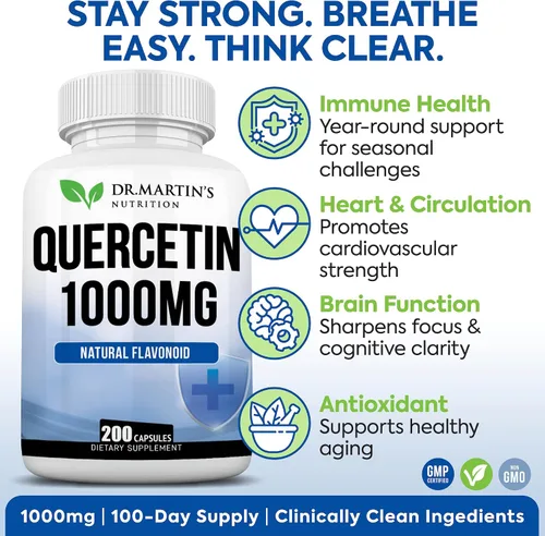 Vista 2 de Quercetina de 1000 mg - 200 cápsulas Apoyo inmunológico, antioxidante para alivio estacional de los senos nasales y salud cardiovascular