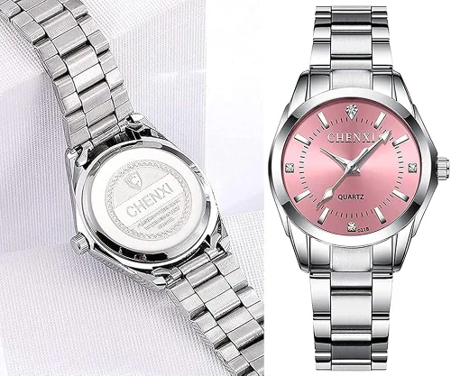 Vista 6 de Reloj clásico de acero inoxidable plateado impermeable de cuarzo analógico de moda para mujer
