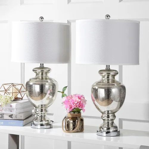 Vista 7 de SAFAVIEH Lighting Collection Morocco Mercury Glass - Juego de 2 lámparas de mesa de 28 pulgadas con puerto de carga USB (bombillas LED incluidas)