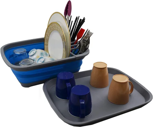 Vista 5 de SAMMART Escurridor de platos plegable de 8L (2.11 galones) con escurridor, juego de escurridor plegable, organizador de vajilla portátil, bandeja